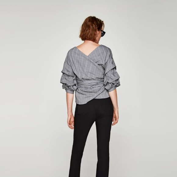 NWT Zara Size S Plaid Ruched Wrap Blouse - Picture 5 of 7